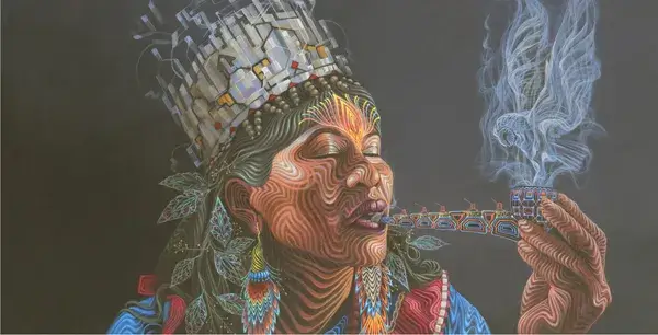 Artwork of Shipibo woman smoking a pipe.